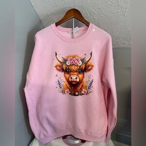 Pink Floral Highland Cow Print Sweatshirt XL
